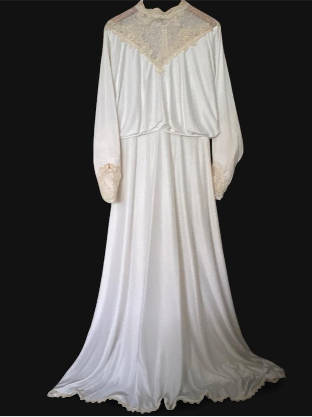 Vtg 70s Women's Wedding Dress Gown Lace Dolman Sleeve w Train Hippie Indie Boho